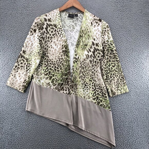 Chicos Jacket Womens 1 US 8 Green Animal Print Travelers 3/4 Sleeve Asymmetric - Picture 1 of 10